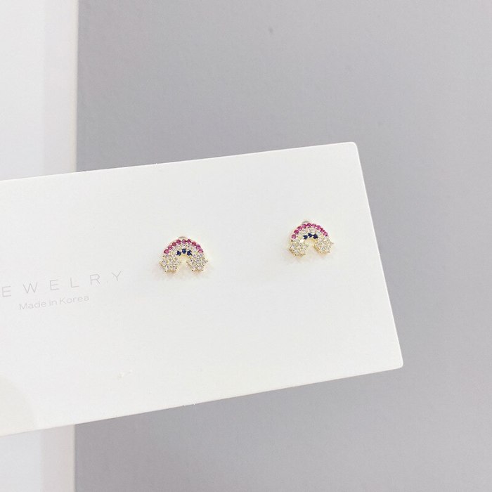 New Sterling Silver Needle Korean Style Three Pairs Female Stud Earrings Simple All-Match Rainbow Exquisite 14K Earrings