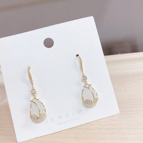 Sterling Silver Needle Carnation Stud Earrings for Women Chalcedony Flower Earrings Long Korean Eardrops