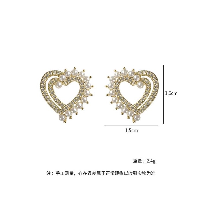 INS Love Stud Earrings Female S925 Silver Needle Pearl Full Diamond Peach Heart Earrings Jewelry
