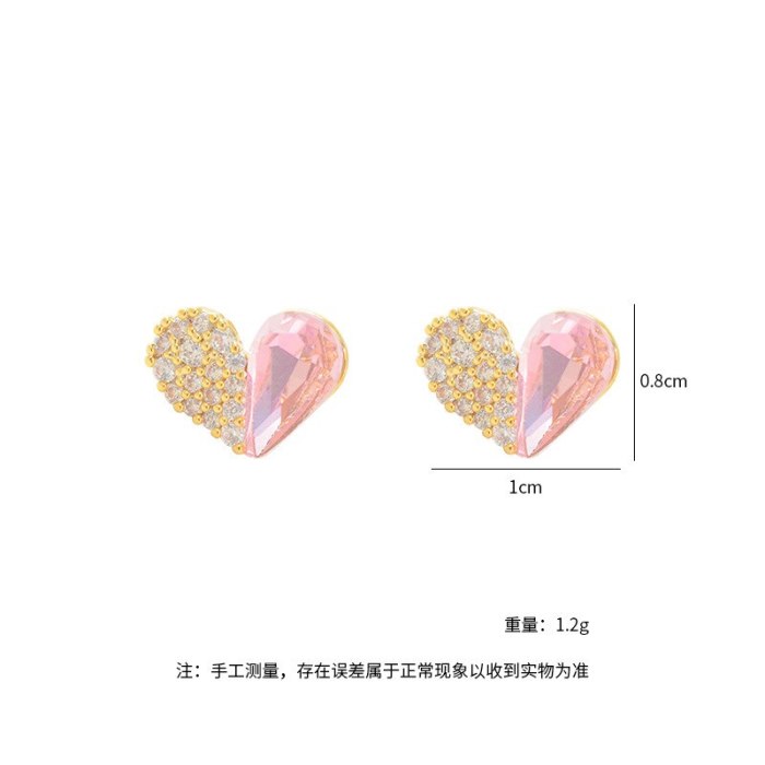 S925 Silver Needle Zircon Peach Heart Stud Earrings Korean Elegant New Simple Earrings Small Personalized Jewelry