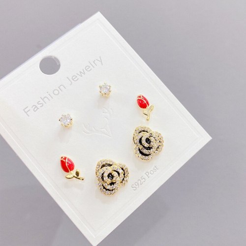 Korean Multi-Pair Set Earrings Sterling Silver Needle Elegant Earrings Three Pairs of Zircon Earrings Gold Plated