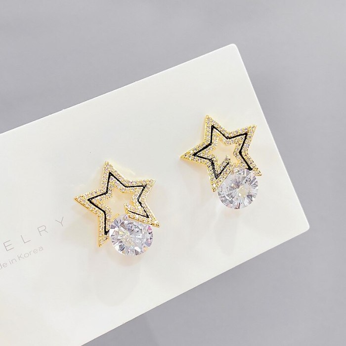 Sterling Silver Needle Korean Stud Earrings Simple Graceful Personalized Earrings Pentagram Zircon All-Match Earrings