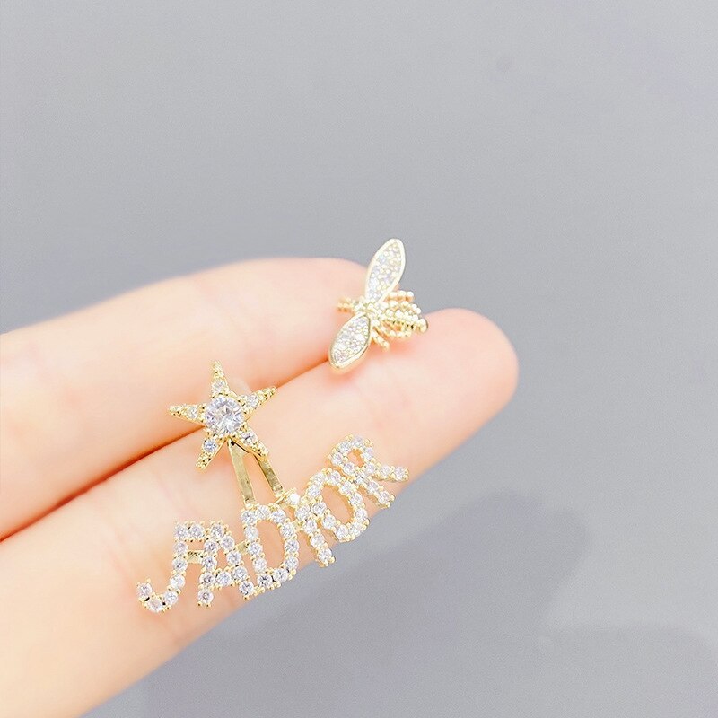 S925 Silver Needle Asymmetric Letter Stud Earrings Female European Fashion Earrings Personality Exaggerated Zircon Jewelry