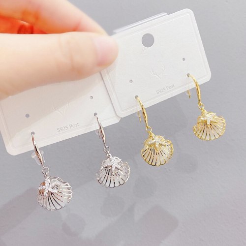 Korean New Sterling Silver Needle Earrings Super Shiny Rhinestone-Encrusted Imitation Pearl Shell Temperament Ear Stud Earring