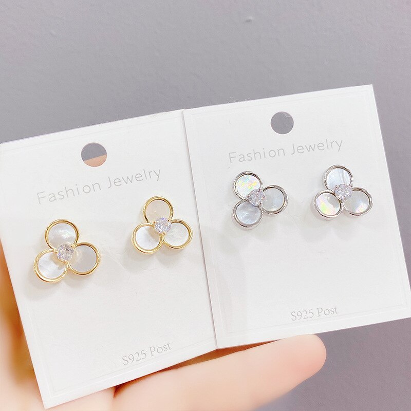 Korean Earrings Rhinestone Zircon Stud Earrings Shell Clover Trendy Design Personalized Earrings Female