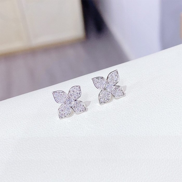 925 Silver Needle Full Diamond Hollow Flower Earrings Super Fairy Petals Fresh All-Matching Earrings Earrings