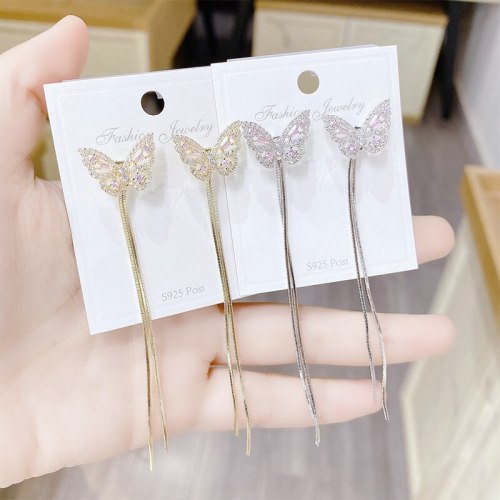 925 Silver Needle One Style For Dual-Wear Butterfly Studs Super Fairy Tassel Long Earrings Temperament Summer Fresh Earrings