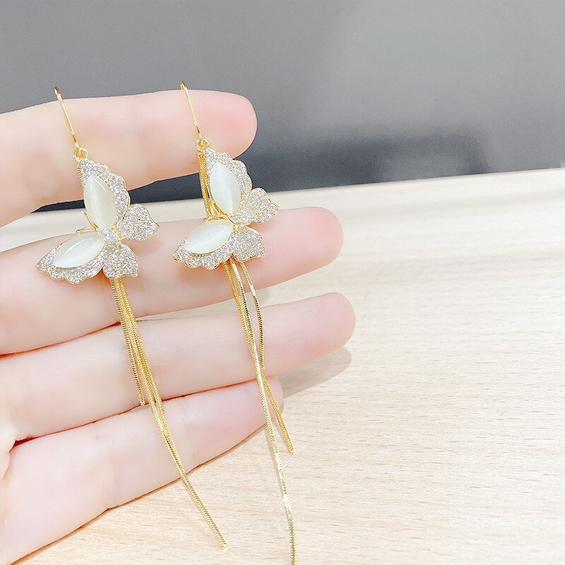 Korean Temperament Long Rear-Mounted Tassel Butterfly Earrings Female Sterling Silver Needle Zircon Finely Inlaid Stud Earrings