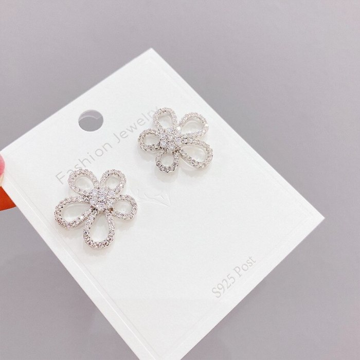 Korean Full Diamond Flower Vacation Style Petal Earrings Girl Sterling Silver Needle Ear Studs Fairy Earrings