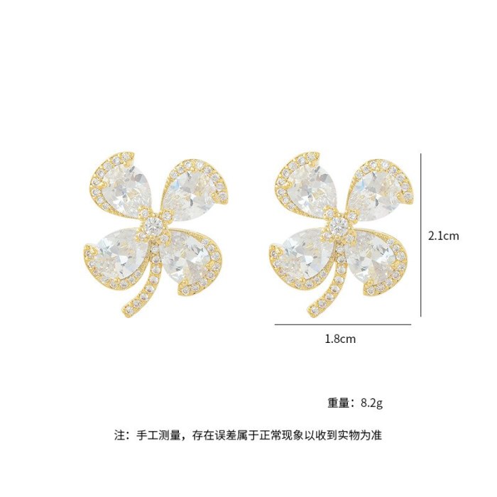 S925 Silver Needle Micro-Inlaid Zircon Lucky Clover Stud Earrings Women's Light Luxury Earrings Jewelry