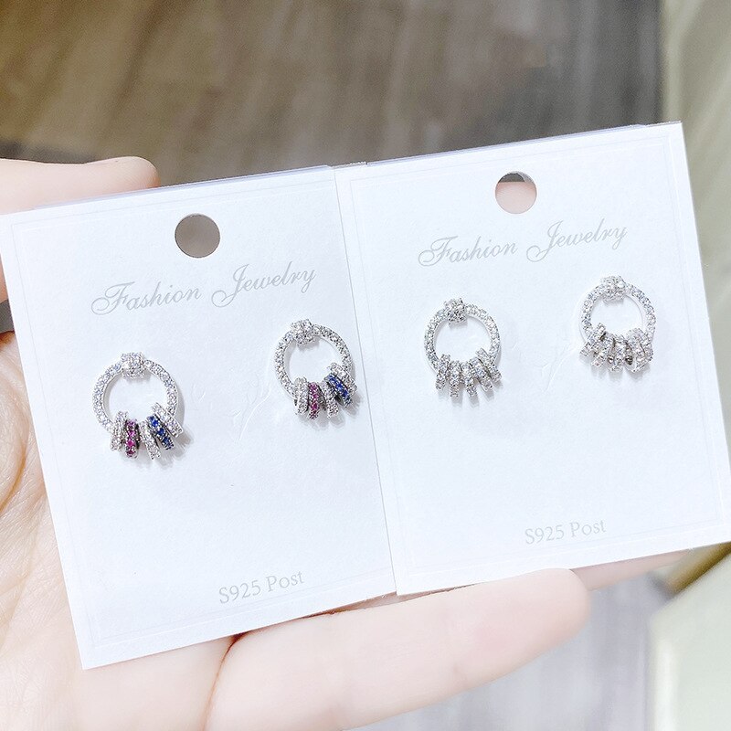 Full Diamond Mori Style Sterling Silver Needle Temperament Multi-Circle Rhinestone round Ring Earrings Jewelry Earrings