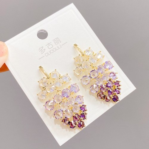European Color Zircon Earrings Accessories Female S925 Silver Needle Long Geometric Earrings Purple Grape Cluster Earrings