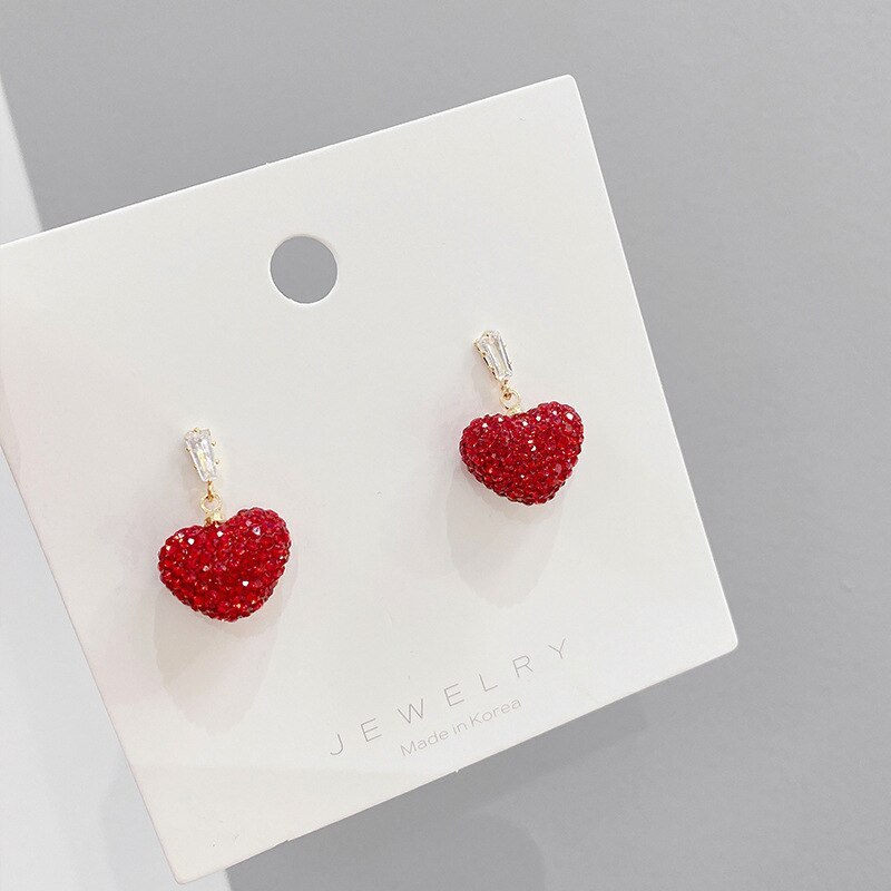 Sterling Silver Needle Red Small Peach Heart Earrings Korean Rhinestone Love Heart Stud Earrings Women