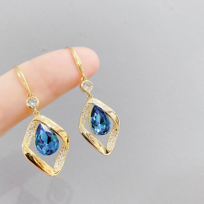 Korean Fashion Hollowed-out Geometric Blue Crystal Earrings Sterling Silver Needle Personality Stud Earrings for Women