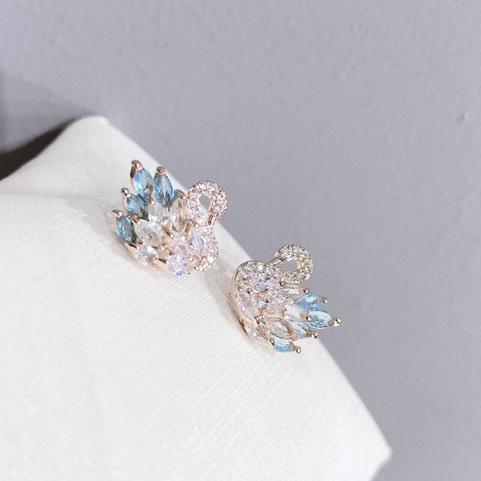 Fried Wool Duck S925 Silver Ear Studs Earrings Mori Girls Swan Zircon Earrings Small Jewelry