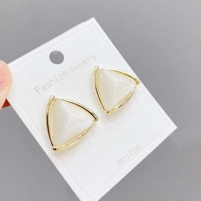 Women's Korean-Style Geometric Ins-Style Rhombus S925 Silver Stud Earrings Retro Hong Kong-Style Micro-Inlaid Opal Earrings