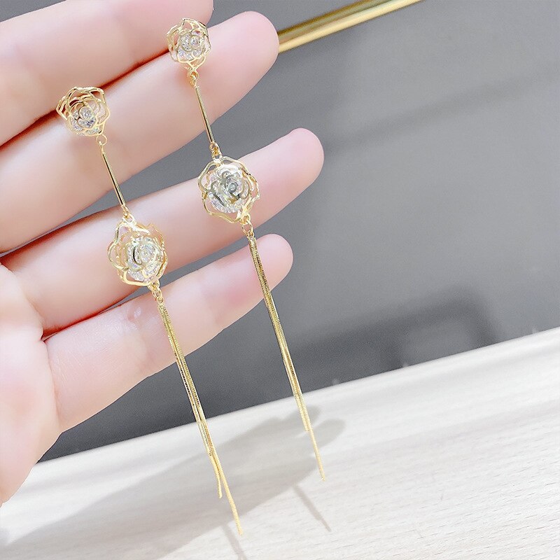 Sterling Silver Needle Korean Fashion Tassel Hanging Earrings Female Temperament Rose Ear String Earring