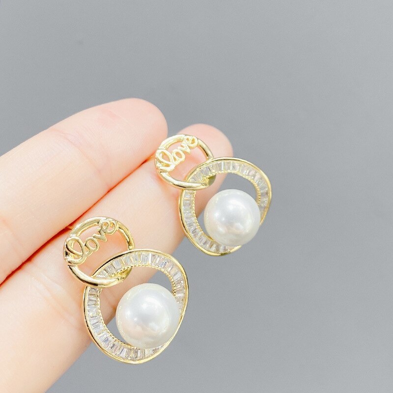 European Fashion S925 Silver Needle Love Letter Pearl Stud Earrings Female Ins Personality Exaggerated Earrings Zircon Earrings