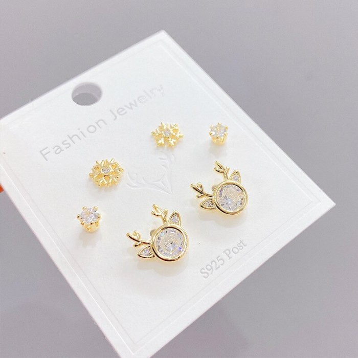 New Sterling Silver Needle Gold Three Pairs Female Stud Earrings Simple All-Match Micro Inlaid Zircon Earrings