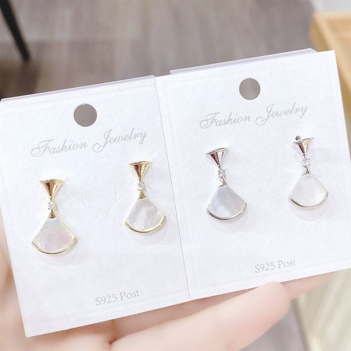 Sterling Silver Needle Real Fritillary Fan-Shaped Small Skirt Ear Studs Long Earrings Elegant and Personalized Earrings