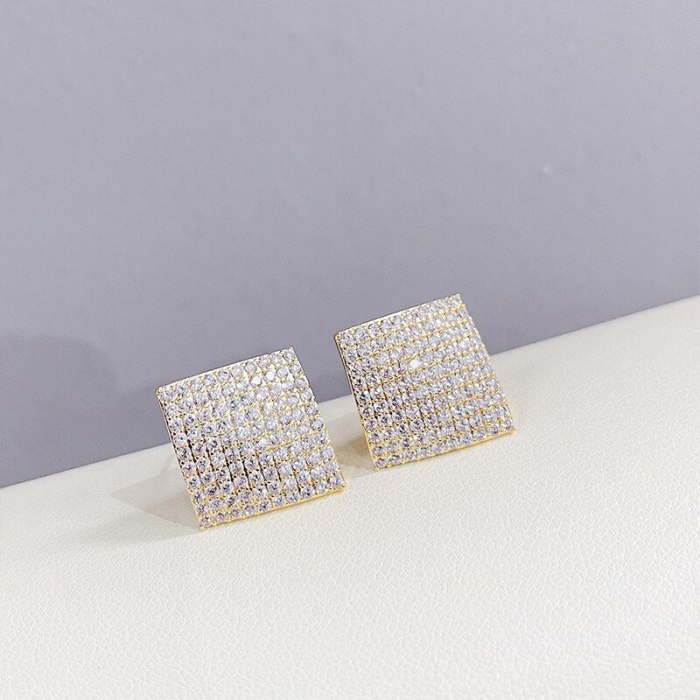 Korean Sterling Silver Needle Full Diamond Square Earrings European and American Personalized Exaggerated Earrings Ear Studs