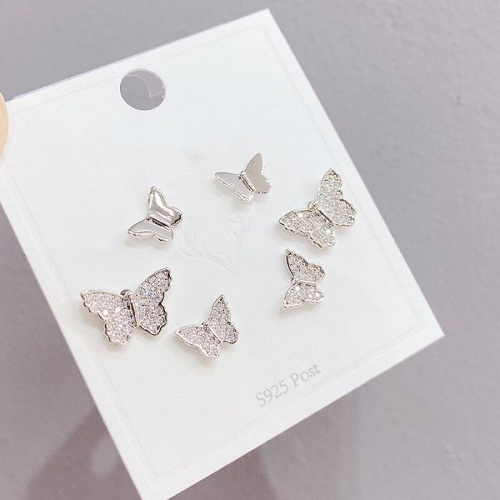 Butterfly Micro Inlaid Zircon Sterling Silver Needle Stud Earrings Cute and Compact Full Diamond Fresh Earrings Female