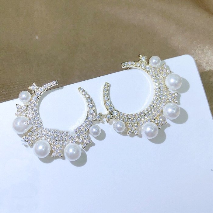 Sterling Silver Needle Crescent Ear Studs Pearl Earrings Earrings Female Stud Earrings Ornament
