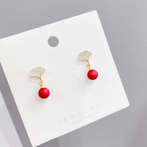 925 Silver Needle Fresh Mori Style Ginkgo Green Leaf French Elegant Pearl Earrings Vintage Leaves Ear Studs