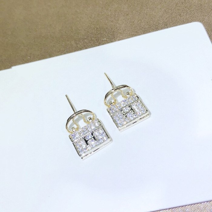 European and American Letter H Bag Earrings Female Personality 925 Silver Stud Rhinestone-Encrusted Earrings Simple All-Match