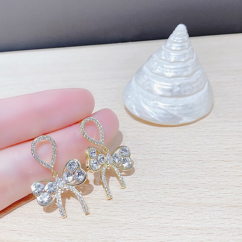 S925 Silver Needle Inlaid Zircon Bow Stud Earrings Simple Fashion Earrings Personality Trendy Temperament Earrings