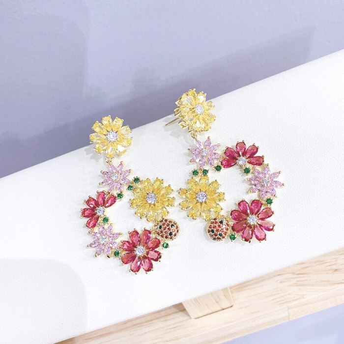 3A Colorful Zircon Flower Cluster Earrings 925 Silver Needle Female Mori Style Fairy Temperamental Eardrops Earrings