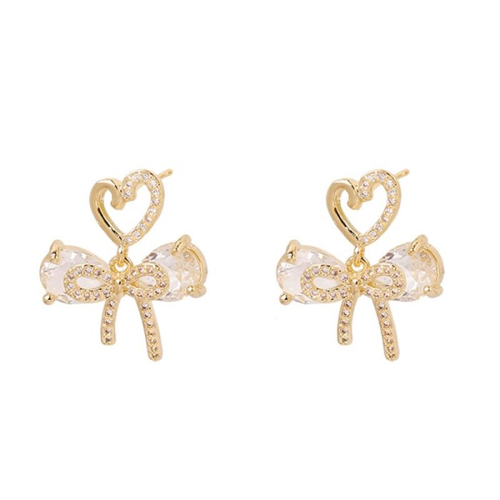 French Bow Zircon Stud Earrings Peach Heart Sweet Stud Earrings Female Fashion S925 Silver Needle Korean All-Match Earrings