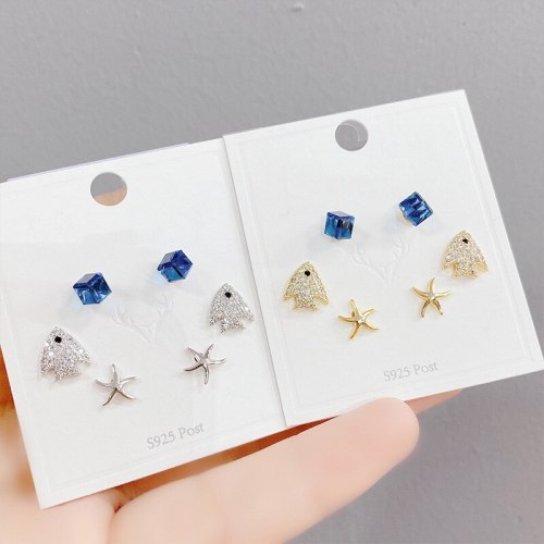 Korean Earrings Women's Trendy Sterling Silver Needle Earrings with Diamonds round Studs Three Pairs Set of Ornaments