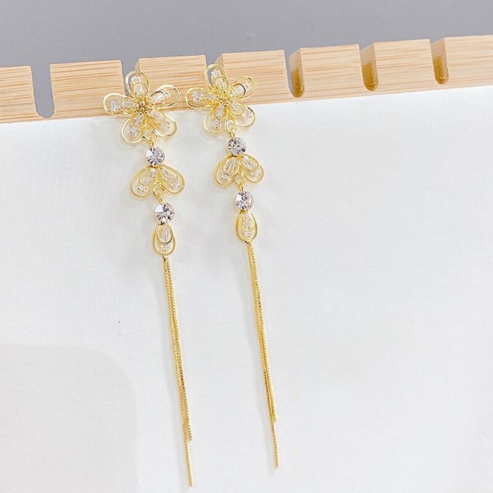 S925 Korean Personality Hollow out Petal Fringed Earrings All-Match Long Eardrops Crystal Stud Earrings for Women