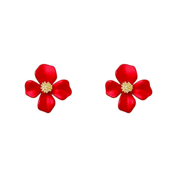 Red Petal Sterling Silver Needle Stud Earrings for Women New Fashion Earrings Simple Elegant Internet Popular Earrings