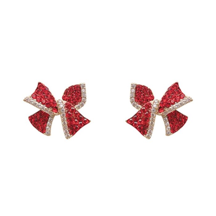 Korean Temperament Red Bow Stud Earrings Girl Sterling Silver Needle All-Match Earrings Small and Exquisite Earrings