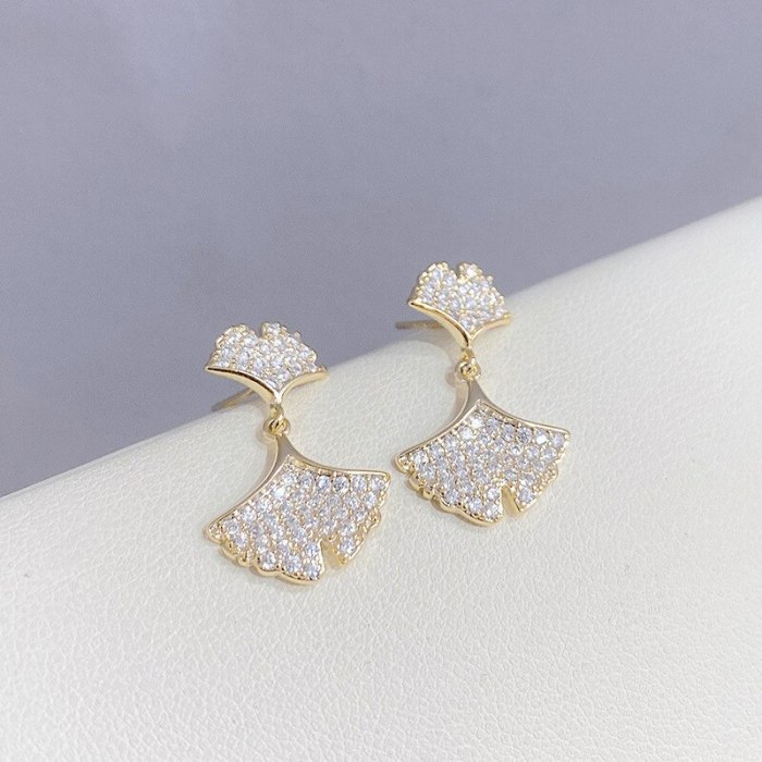 S925 Silver Needle Korean Fashion Mori Diamond-Embedded Leaf Stud Earrings Women's New Earrings Small Cute Earrings