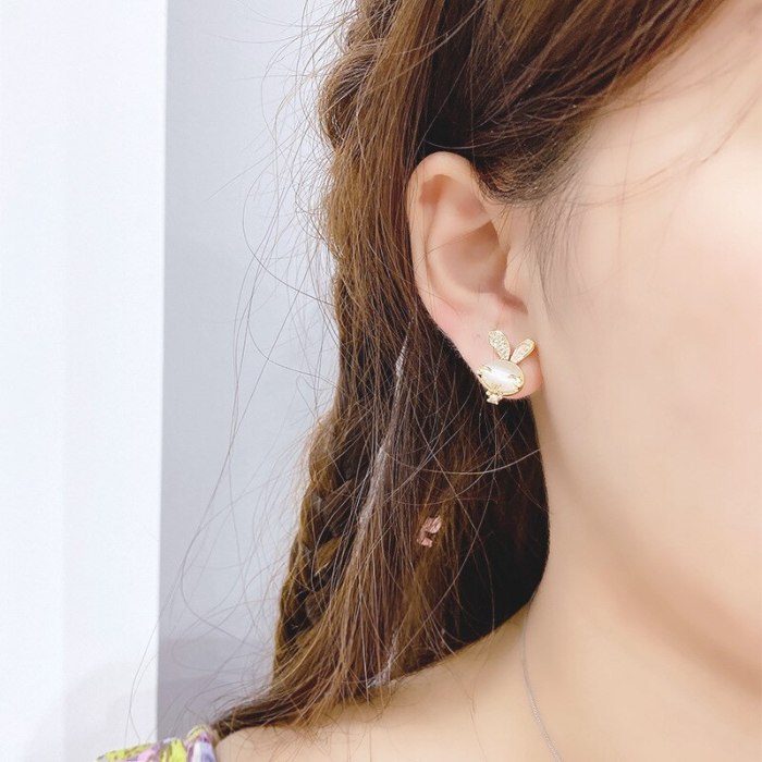 Fashion Design Opal Rabbit Stud Earrings Sterling Silver Needle Earrings Graceful Hypoallergenic Women's Earrings