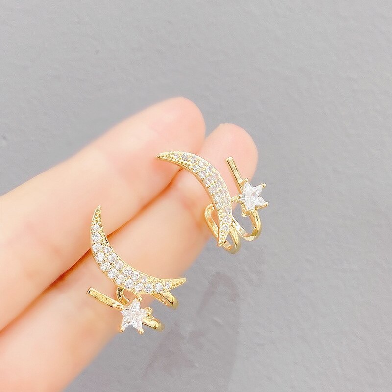 Korean New 925 Silver Needle Moon Five-Pointed Star Fine Zircon-Embedded Earrings Female Stud Earrings Earrings