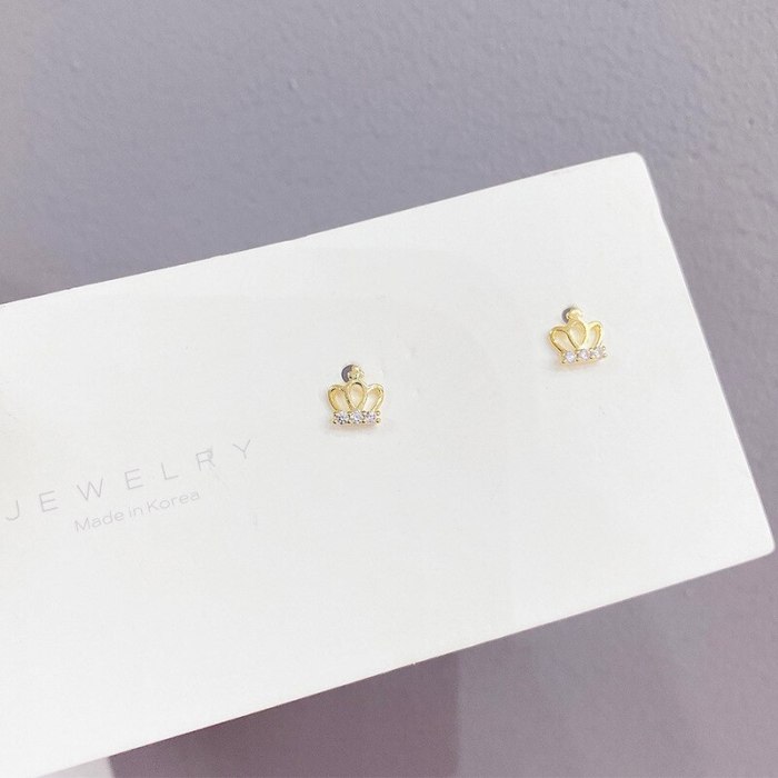 Sterling Silver Needle Gold Micro-Inlaid Three Pairs Combination Female Stud Earrings Simple All-Match Crown Delicate Earrings
