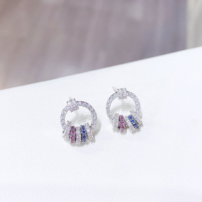 Full Diamond Mori Style Sterling Silver Needle Temperament Multi-Circle Rhinestone round Ring Earrings Jewelry Earrings