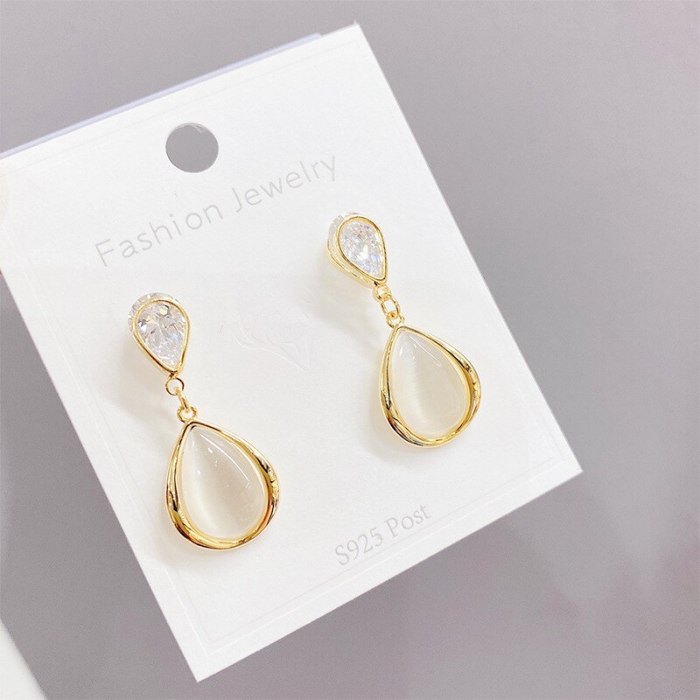 Sterling Silver Needle Opal New Geometric Simple Earrings Female Online Influencer Korean Temperament Ear Stud Earring