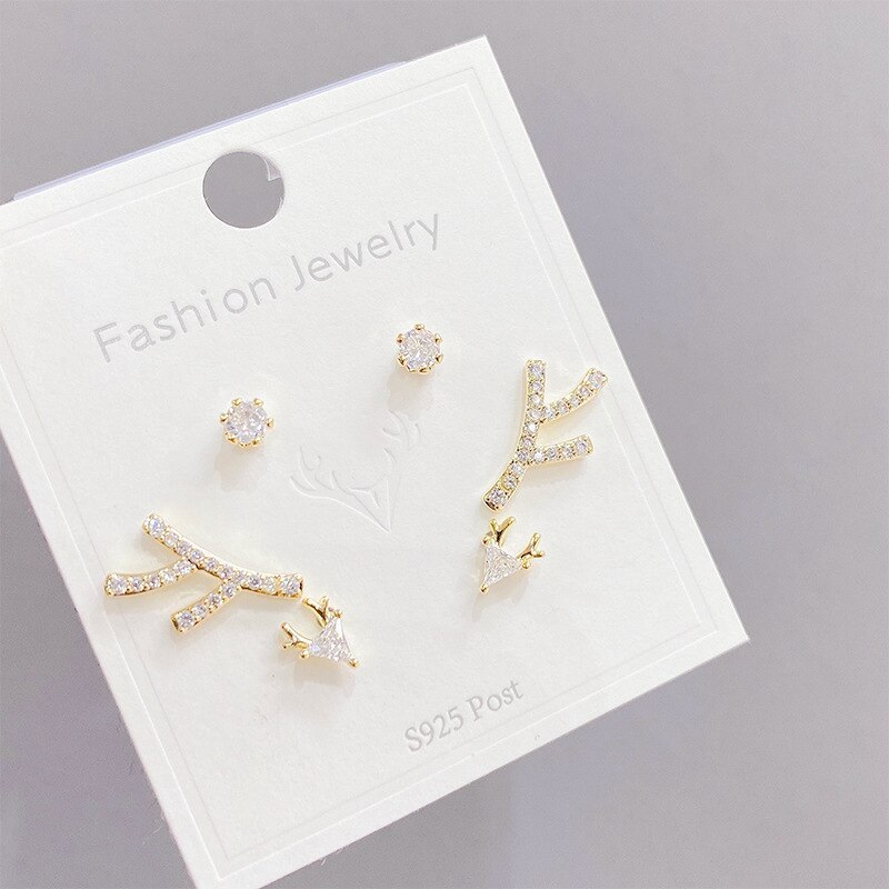 New Sterling Silver Needle Gold Three Pairs Female Stud Earrings Simple Versatile Zircon Earrings