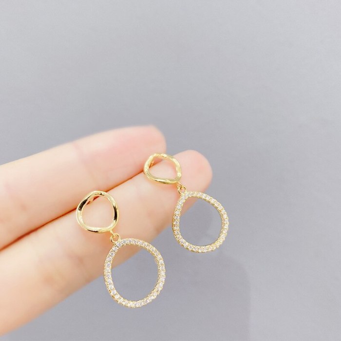 Sterling Silver Needle Korean Zircon Asymmetric Earrings Women's Simple All-Matching Hollow Circle Geometry Earrings
