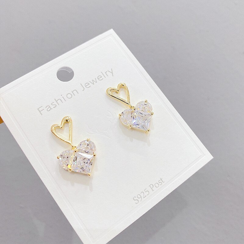 Sterling Silver Needle Zircon Shining Diamond Stud Earrings Peach Heart Graceful and Petite Minimalist Creative Earrings
