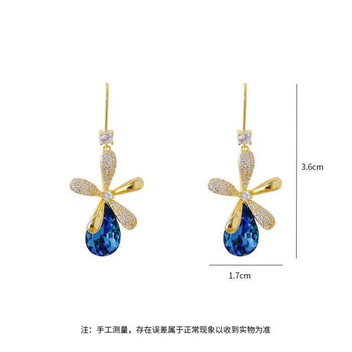 Korean Simple S925 Ear Hook New Earrings Women's Blue Crystal Flower Earrings Small Online Influencer Earrings