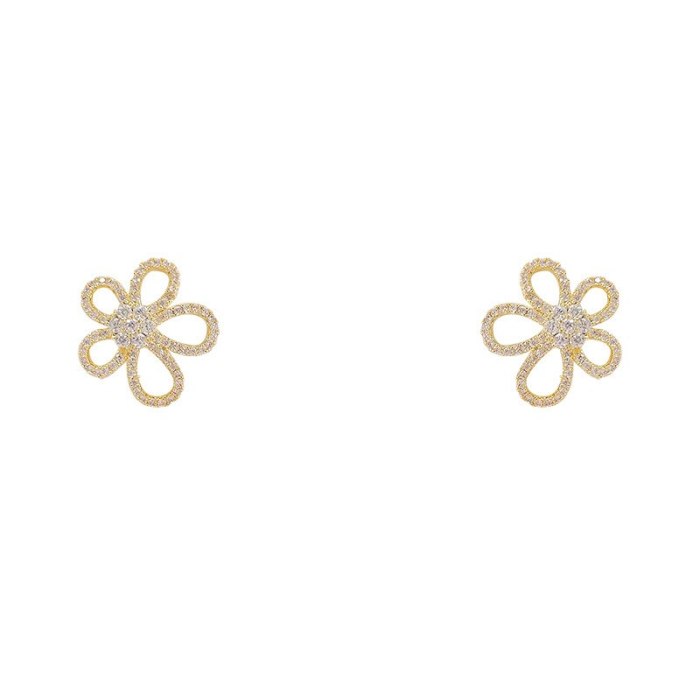 Korean Full Diamond Flower Vacation Style Petal Earrings Girl Sterling Silver Needle Ear Studs Fairy Earrings