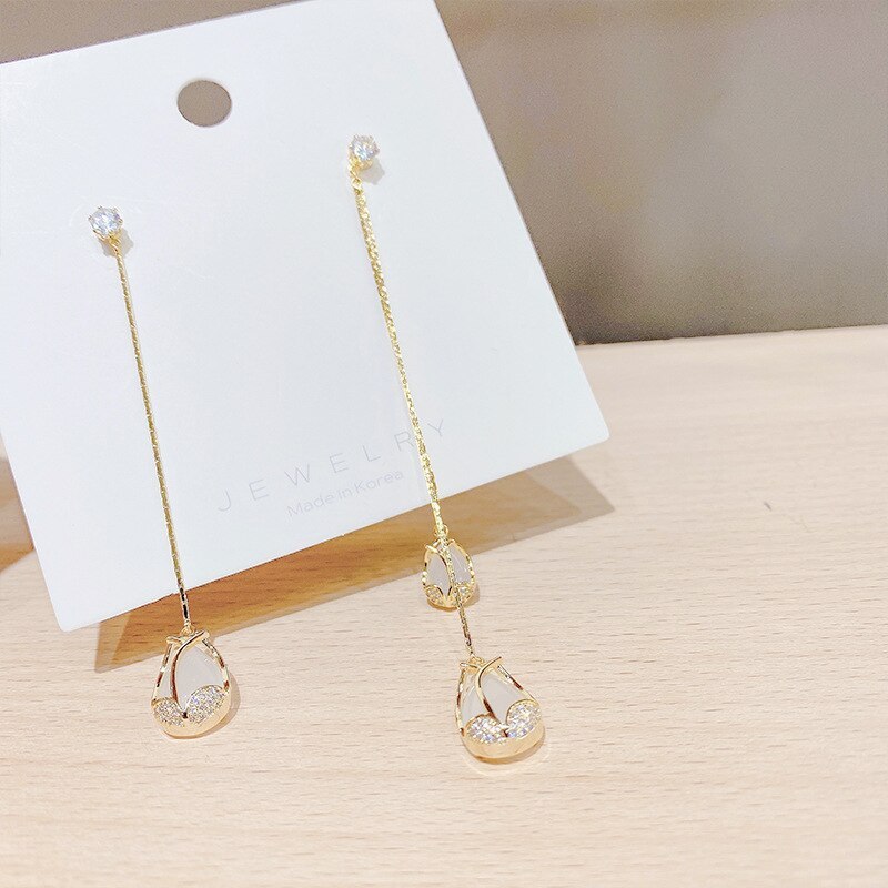 Sterling Silver Needle Tulip Tassel Long Ear Hook Earrings Temperament Korean Rhinestone Niche Earrings