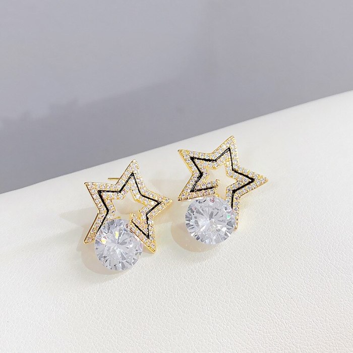 Sterling Silver Needle Korean Stud Earrings Simple Graceful Personalized Earrings Pentagram Zircon All-Match Earrings