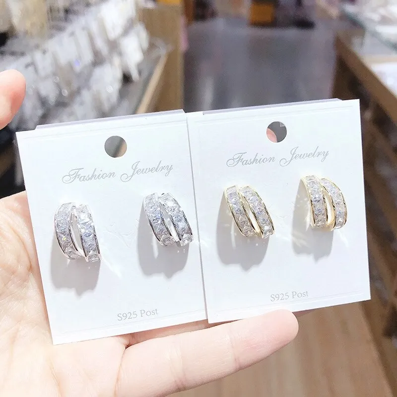 Super Flash Sterling Silver Needle round Ring Earrings Micro Inlaid Zircon Temperament Ear Studs Female Accessories